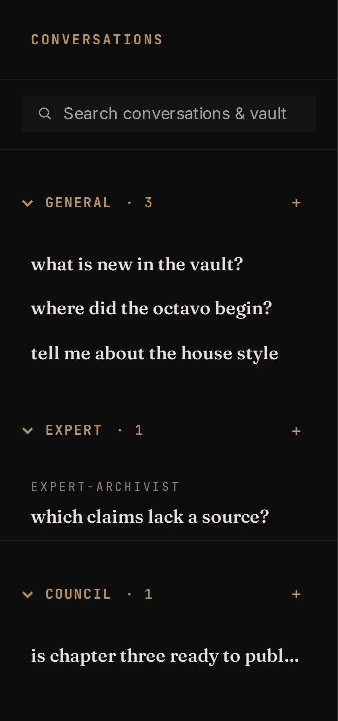 The CONVERSATIONS sidebar of ARK O/S: General, Expert and Council threads, with a question open in each.