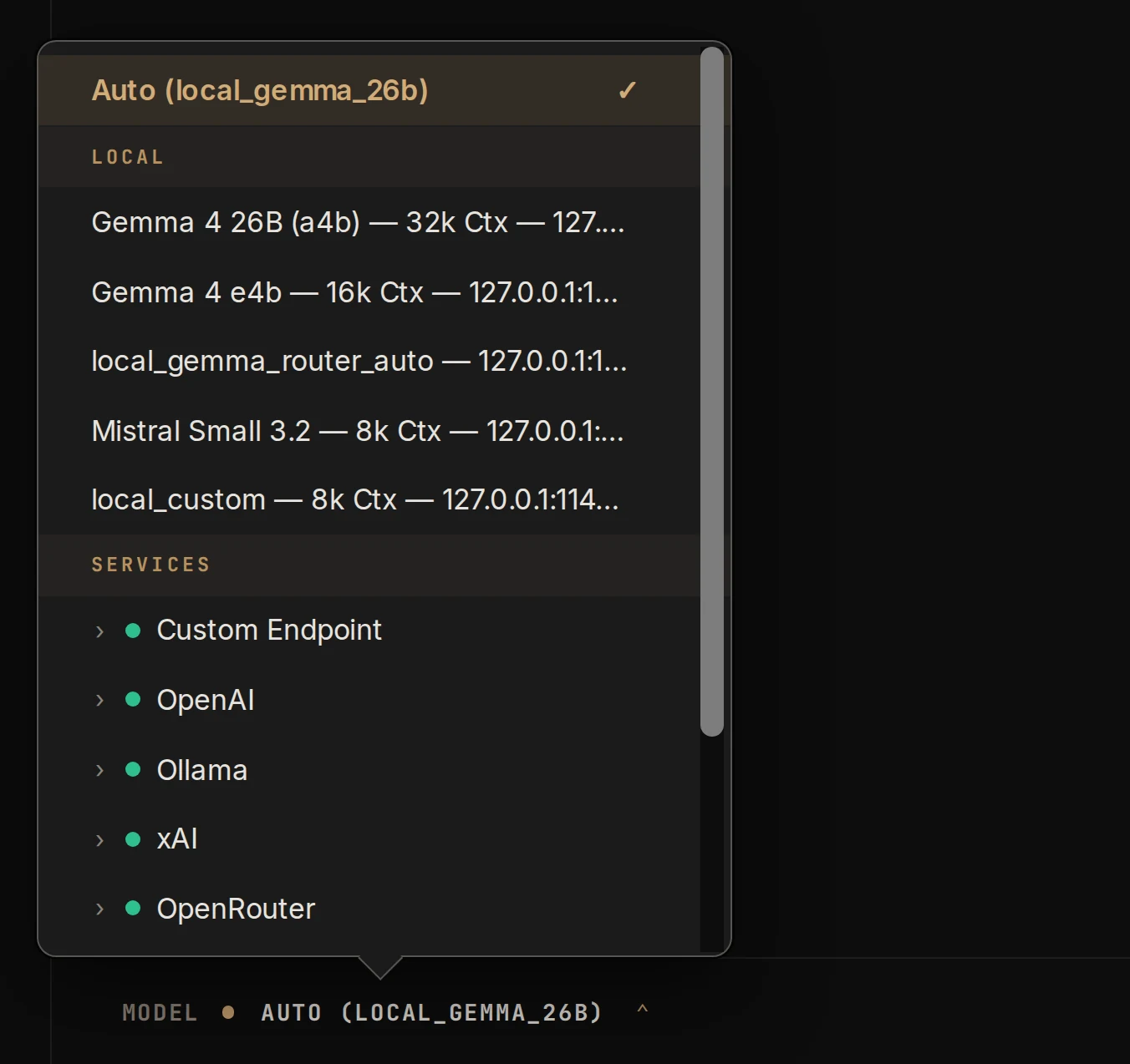 The model picker of ARK O/S, open on Auto (local), with the LOCAL models listed above the cloud SERVICES.