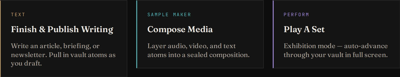 The three forms of Forge: Text, Sample Maker and Perform.